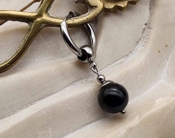 Black Obsidian mens single earring, stainless steel modern hoop earring, small huggie earring for men woman, hippy jewellery, boho earring,