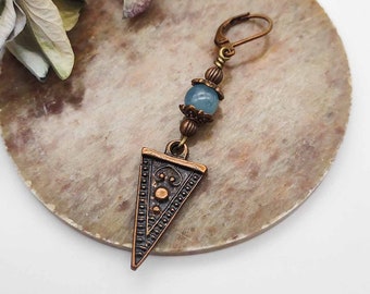 TRIBAL TRIANGLE, copper mono earring,  blue sponge quartz gemstone earring, dangle drop earring for men woman, hippy jewellery, boho earring