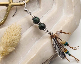 African green turquoise jasper  feather earring- southwestern long tribal earring, mystic earring, dangle boho earring, WONDERLUST
