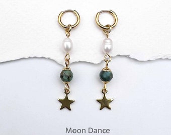 African Turquoise and pearl hoop earrings, gemstone huggie earrings, dangle earrings, boho earrings, bridal, stainless steel, star earrings