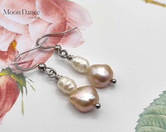 TREASURE double pearl earrings, elegant bridal earrings, boho earrings, renaissance earrings, stainless steel hook, handmade  earring