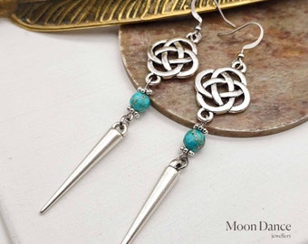 CELTIC TURQUOISE tribal spike earrings, Jasper gemstone spike earrings, statement earrings, dangle earrings, boho earrings, unisex earrings