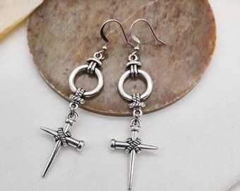 CROSS NAILS- Long dangle earrings, gothic  earrings, statement earrings, dangle earrings, boho earrings, unisex earrings, mens earrings