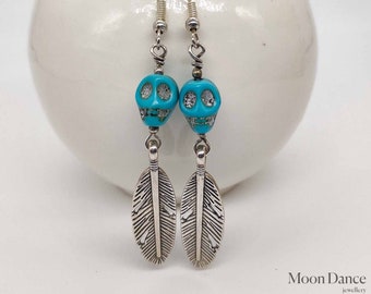 Quirky turquoise skull and feather earrings, dangle earrings, colourful fun earrings earrings, tribal festival earrings, goth earrings,gift