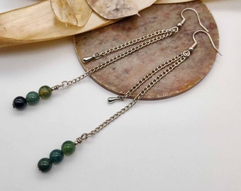 Green long chain earrings,Indian Agate elegant wedding earrings, classic jewellery,  dangle earrings,  silver earrings, Boho, gift idea