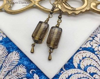 Rustic bronze vintage brown glass earrings, artisan Boho earrings, bronze earrings, dangle earrings, everyday earrings, gift for her/him