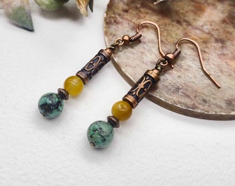 Rustic turquoise copper earrings, artisan jasper tigers eye Boho earrings, dangle earrings, tribal everyday earrings, gift for her/him