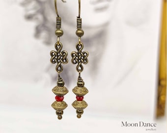 ARWEN celtic dainty earrings, tribal bronze red crystal earrings, fairy earrings, dangle earrings, boho earrings, unisex earrings, viking