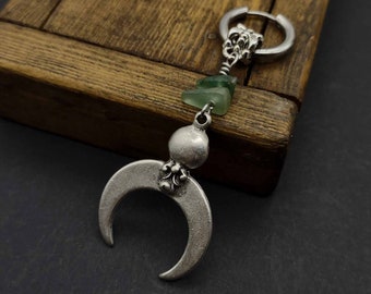 MYSTIC MOON, Mond und Aventurin Ohrring, alternativer Einzelner Ohrring, Baumeln Tropfen Ohrring für Männer Frau, Boho Schmuck, Boho Ohrring, Geschenk