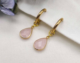 Rose pink glass teardrop hoop earrings, classic gold - pink earrings, dangle earrings, wedding bridal earrings, vintage style, charm hoops