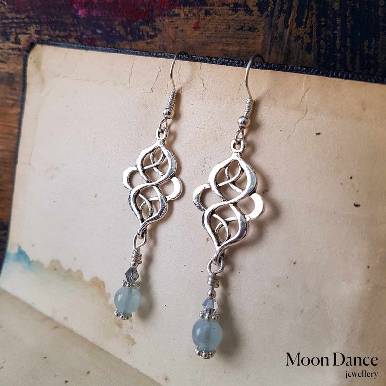Aquamarine gemstone earrings, long elegant Celtic knot earrings, classic jewellery, dangle earrings, blue silver earrings, Boho, gift idea image 5