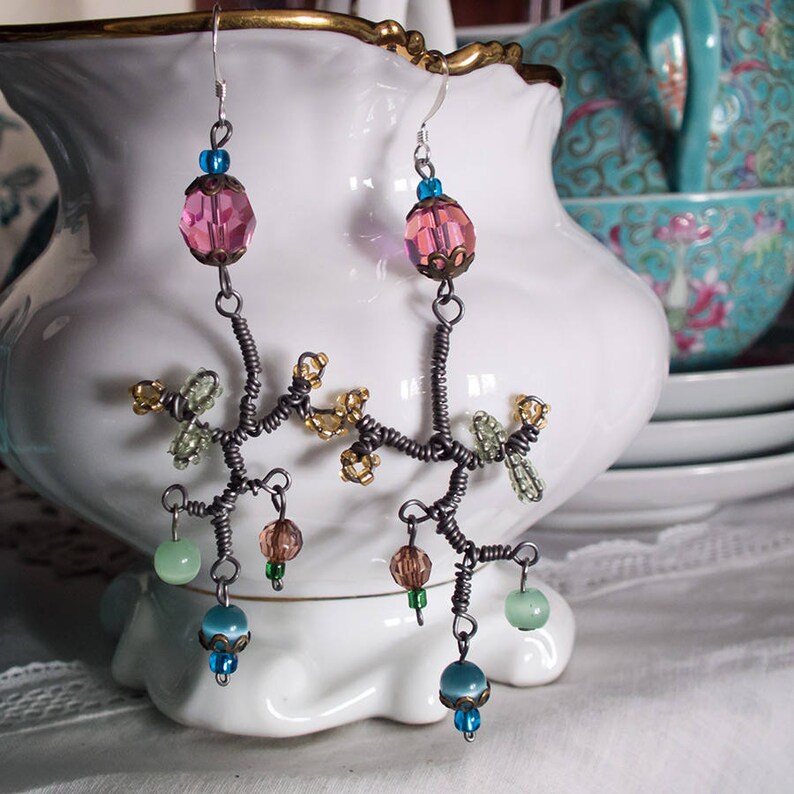bohemian statement jewelry artisan jewelry pink long earrings romantic Wire work chandelier earrings