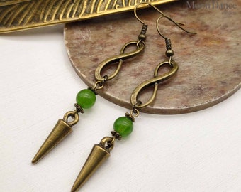 Bronze spikes Green Jade earrings,infinity boho, artisan long Boho earrings, bronze earrings, dangle earrings, chandelier earrings, unisex