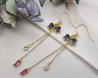 Black bow red glass chain earrings, modern gold-black colour earrings,long dangle earrings, wedding bridal earrings, vintage style,kawai