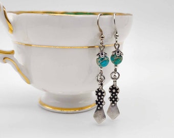 Turquoise Jasper Tribal gemstone earrings, long blue earrings, beach party jewellery,  dangle earrings, boho earrings,silver unisex earrings