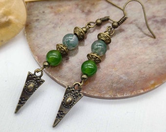 Moss agate jade green earrings, artisan gemstone spike Boho earrings, bronze dangle earrings, tribal everyday earrings, gift for her/him