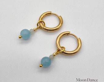 Blue Quartz Amazonite hoop earrings, small dainty gemstone huggie earrings, dangle earrings, boho earrings, bridal,everyday earrings