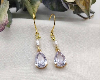 Clear crystal  and pearl drops earrings, edwardian gold plated earrings, dangle earrings, wedding bridal earrings, vintage style, teardrop