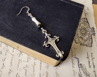 Gothic mono earring, cross and bone single earring, onyx earring, dangle earring, boho earring, earring for men,mens dangle earring, unisex