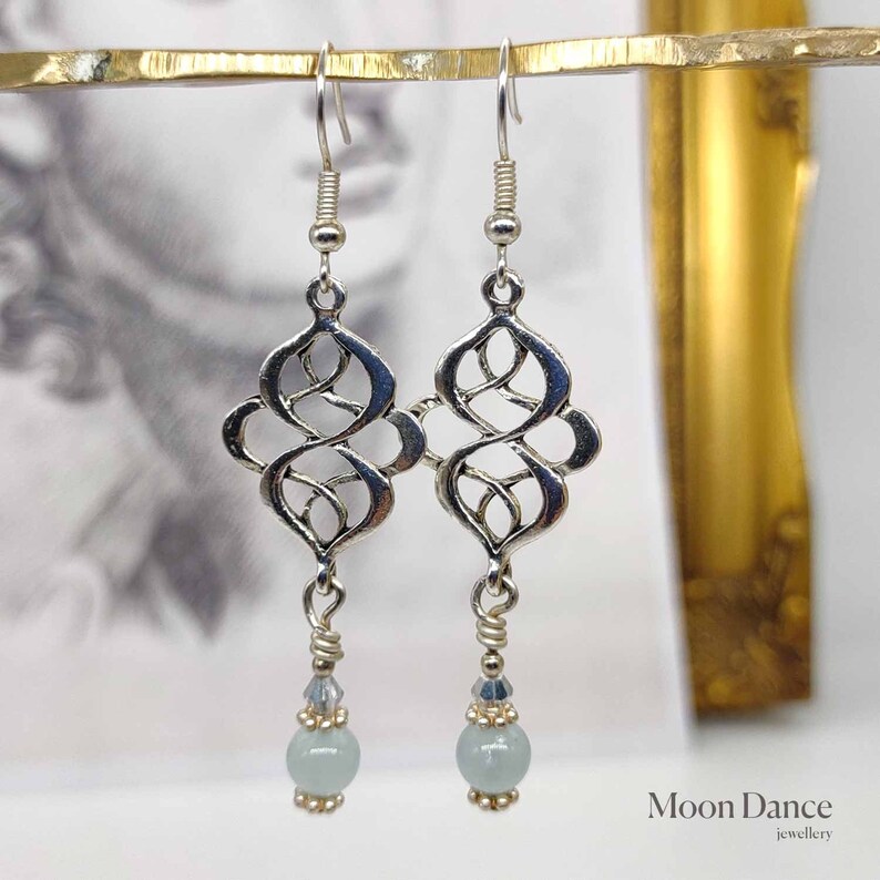 Aquamarine gemstone earrings, long elegant Celtic knot earrings, classic jewellery, dangle earrings, blue silver earrings, Boho, gift idea image 1