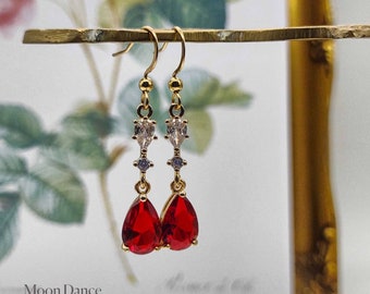 Red crystal earrings and CZ, edwardian gold-red colour earrings, dangle earrings, wedding bridal earrings, vintage style, teardrop,steampunk