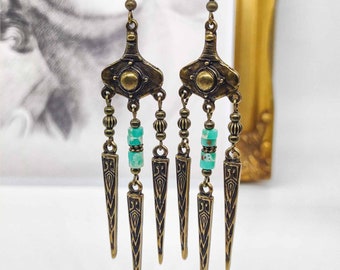 Bronze spikes tribal earrings, turquoise boho, artisanlong Boho earrings, bronze earrings, dangle earrings, chandelier earrings, gift her