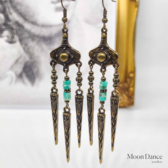 Bronze Spikes Tribal Earrings, Turquoise Boho, Artisanlong Boho