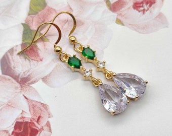 Green CZ and clear crystal earrings, edwardian gold-green colour earrings, dangle earrings, wedding bridal earrings, vintage style, teardrop