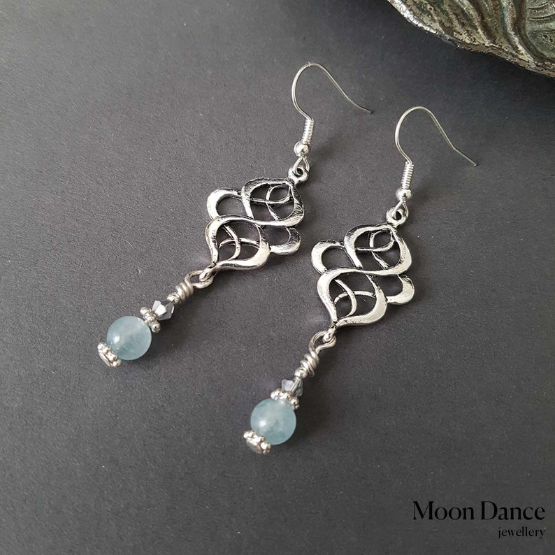 Aquamarine gemstone earrings, long elegant Celtic knot earrings, classic jewellery, dangle earrings, blue silver earrings, Boho, gift idea image 4