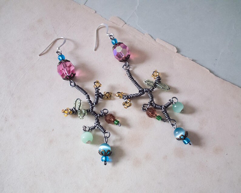 bohemian statement jewelry artisan jewelry pink long earrings romantic Wire work chandelier earrings