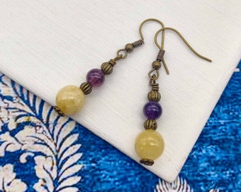 Bronze  yellow JADE AMETHYST earrings, rustic antique bronze earrings, artisan minimalist handmade jewellery Boho earrings-dangle earrings