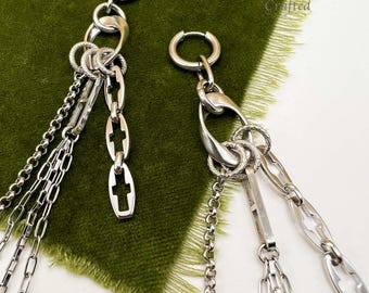 Multiple Long chains earrings • Industrial Stainless steel modern earrings • TORONTO• Trendy fashion hoop earrings • Modern silver Edgy