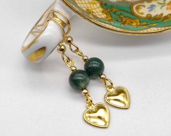 Gold Heart green agate gemstone earrings, dainty gold plated earrings, dangle earrings, wedding bridal earrings, vintage style, romantic