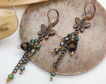 Copper butterfly tigers eye earrings, Boho earrings, copper earrings, dangle earrings, gemstone earrings, ethnic earrings, gift for her/him