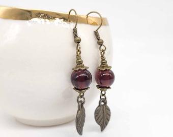 Rustic bronze leaf vintage glass earrings, artisan dark purple Boho earrings, bronze earrings, dangle earrings, everyday earrings, gift her