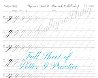 Feuille d'exercices pour la calligraphie sur cuivre, lettre G minuscule (téléchargement numérique)