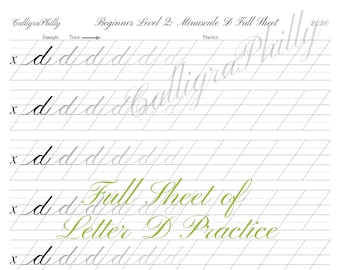 Feuille d'exercices pour la calligraphie sur cuivre, lettre D minuscule (téléchargement numérique)