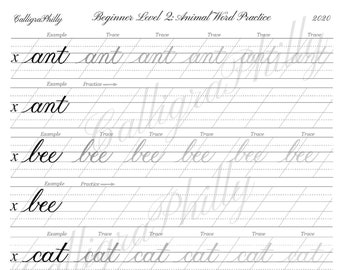 Beginner Level 2: Calligraphy Word Practice Worksheet & Blank Practice Sheet - Animal Theme Copperplate Calligraphy Digital Download