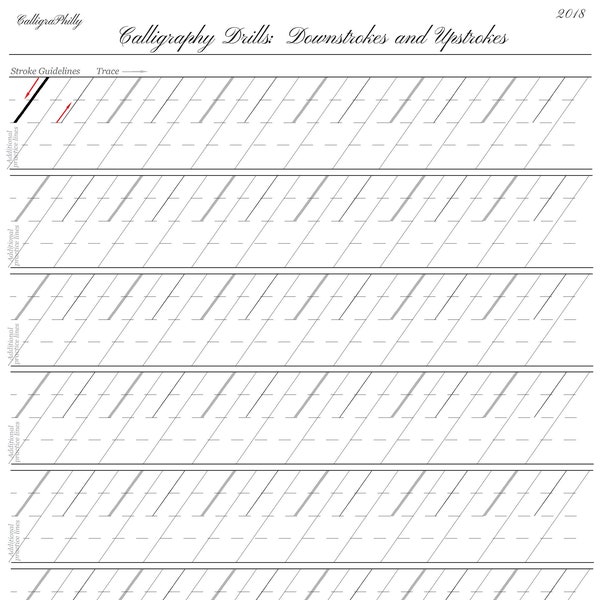 Beginner Level 1- Full Sheet of Downstroke/Upstroke Exercise Practice - Copperplate Calligraphy Practice Drills - Digital Download PDF