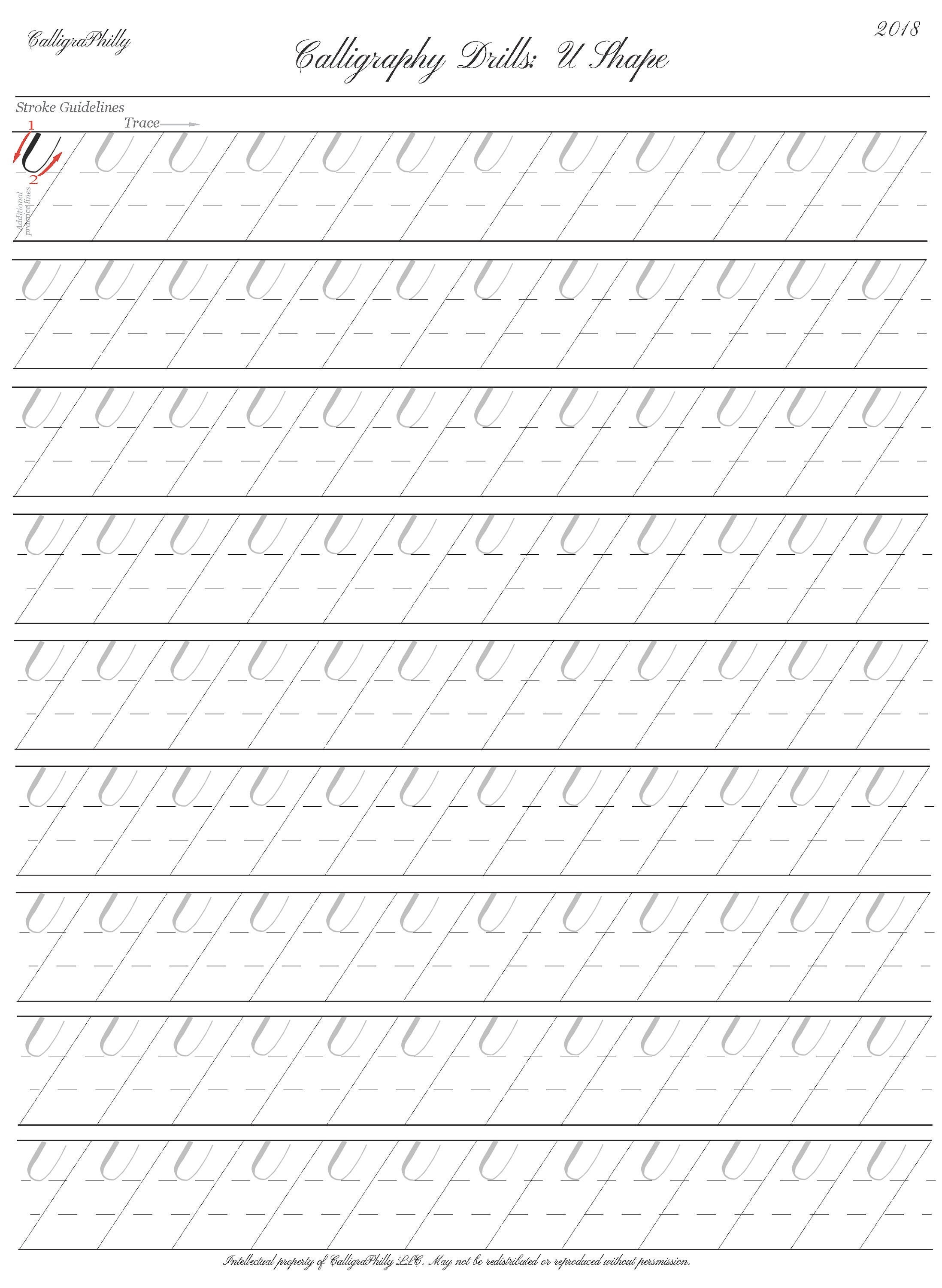 Beginner Level 1- Copperplate Calligraphy Practice Drills - Full Sheet of U  Shape Practice - Digital Download PDF