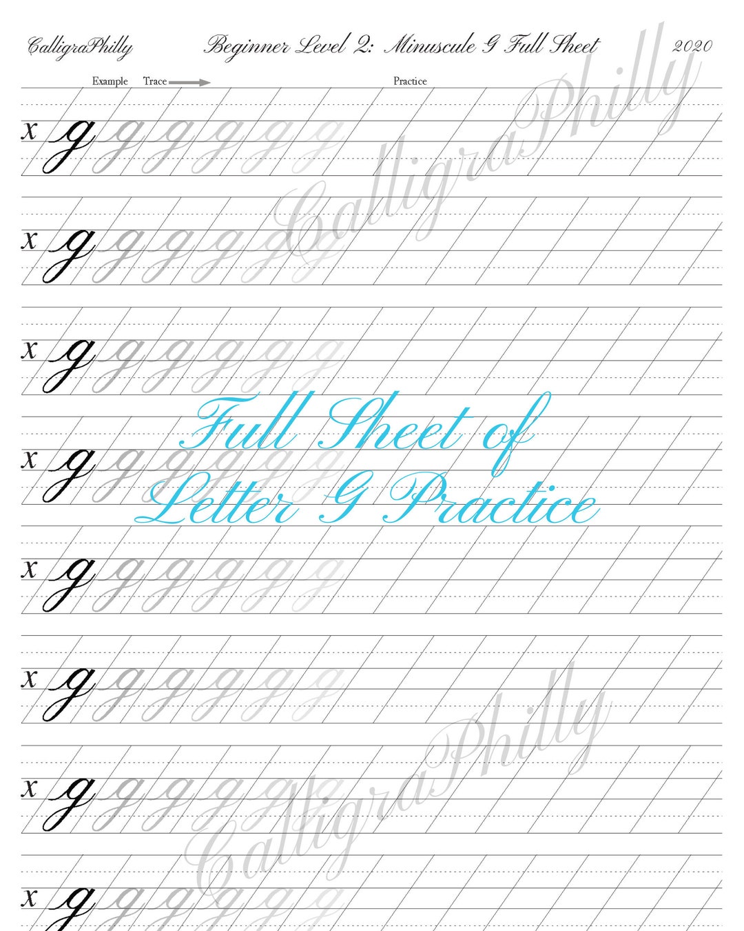 Copperplate Calligraphy Lowercase Letter G Practice Worksheet (digital ...