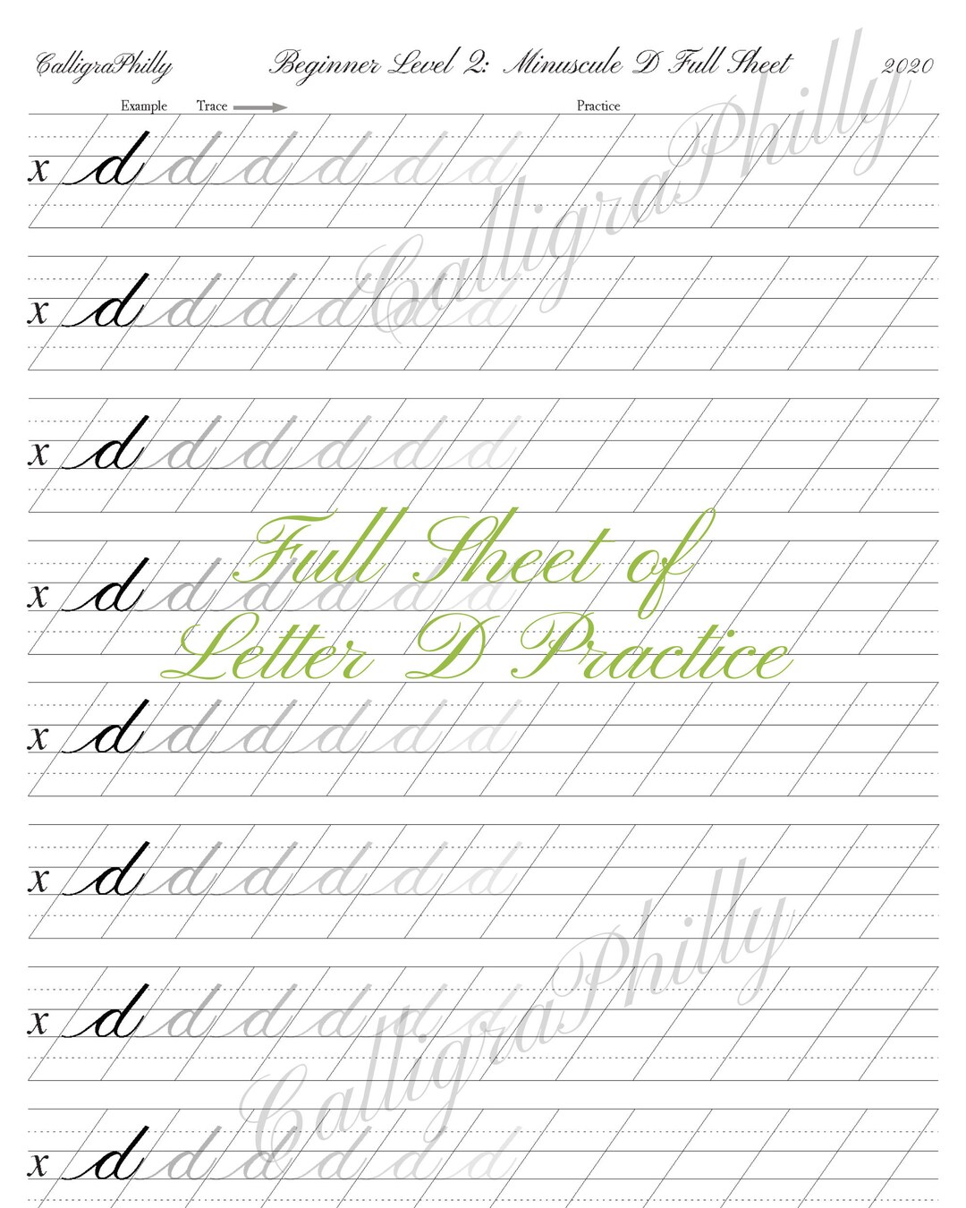 Copperplate Calligraphy Lowercase Letter D Practice Worksheet (digital ...