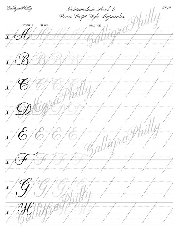 Intermediate Level 1: Copperplate Uppercase Calligraphy Alphabet Worksheet  With Stroke Guidelines and Additional Practice Sheet 