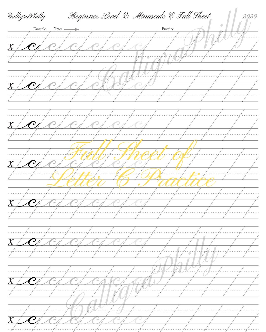 Copperplate Calligraphy Lowercase Letter C Practice Worksheet (digital ...