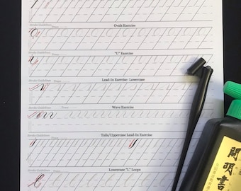 May include: A calligraphy practice sheet with various drills for downstrokes, upstrokes, ovals, "U" shapes, lowercase lead-ins, waves, uppercase lead-ins, and lowercase "l" loops. The sheet is printed on white paper with black lines and includes the text "Calligraphy Drills" and "2018".