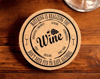 Humorous Wine Coaster Set: Engraved Cork Bar Coasters