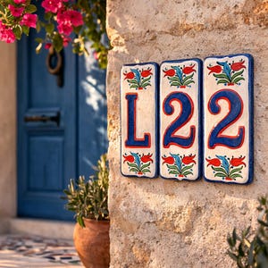 Número de casa de cerámica hecho a mano, sin taladro, pieza única, diseño de tulipán turco (14 cm)