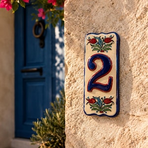 Número de casa de cerámica, azulejo de dirección personalizado, tulipán turco hecho a mano, número de puerta mediterráneo