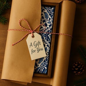 May include: A rectangular wooden frame containing a blue and white floral patterned tile, wrapped in brown paper with red and white baker's twine. A cream-colored gift tag is attached to the twine with the black printed text A Gift for You.