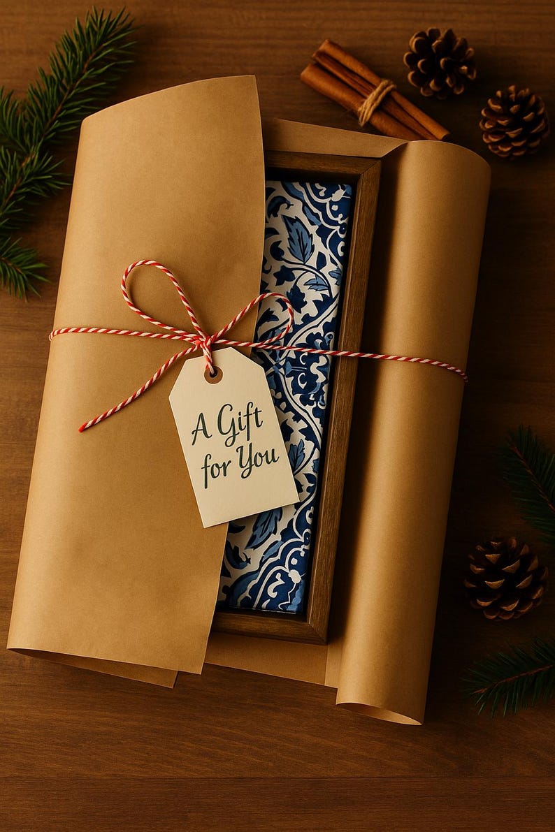 May include: A rectangular wooden frame containing a blue and white floral patterned tile, wrapped in brown paper with red and white baker's twine. A cream-colored gift tag is attached to the twine with the black printed text A Gift for You.